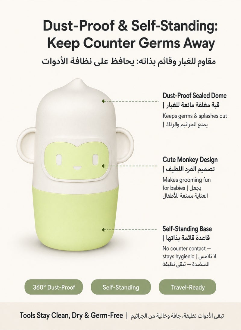 SQ Kids طقم قص أظافر الأطفال 4 في 1 مع حافظة كبسولة قرد لطيفة | مقص آمن، ملقط، مبرد أظافر لحديثي الولادة والأطفال | أخضر/أصفر - Image 4