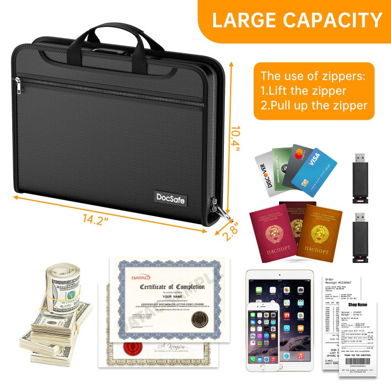 DocSafe Accordion File Organizer with Combination Lock,Fireproof Water Resistant Expanding File Folder with Multi Pockets,Document Organizer Home Office Travel Safe Storage for Letter Size Files,Black - Image 3