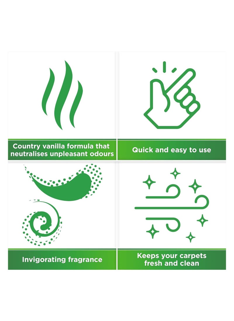 Air Wick - Airwick's refreshing carpet odor eliminator freshens the scent, perfumes the air, and is an easy-to-use powder for eliminating unpleasant odors, with a vanilla fragrance, 500 grams.  Paraphrase text - Image 1