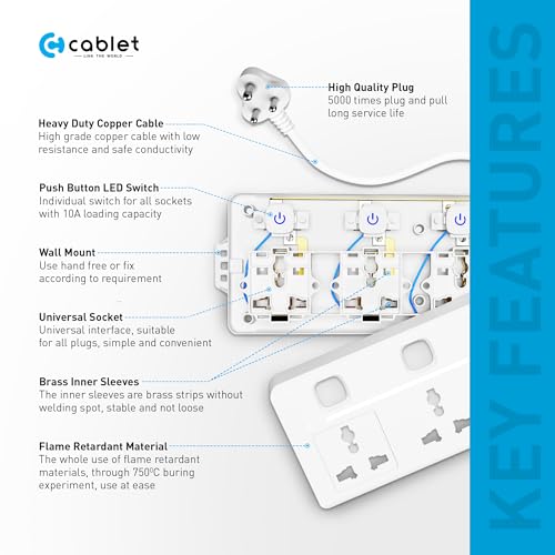 Cablet Extension Board 2500W 10A | 3 Universal Multi Plug Socket with Individual Switch | 1.8 Meter Heavy Duty Cord | LED Indicator, Power Strip & Spike Guard for Home & Office Use - Image 4