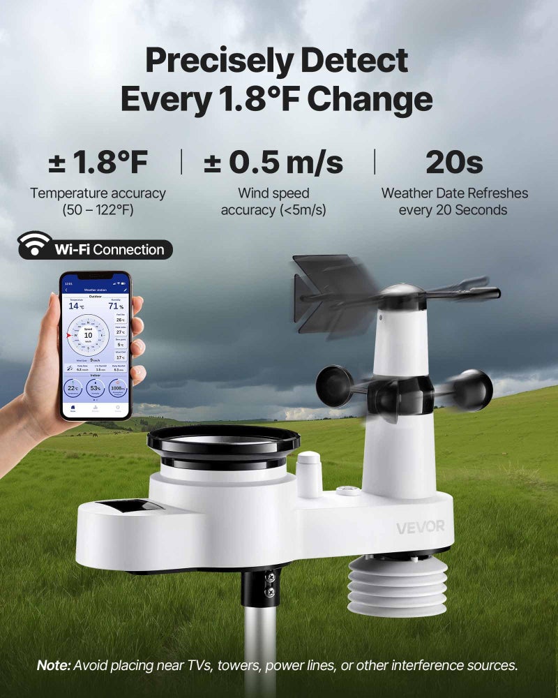 VEVOR 5-in-1 Wi-Fi Weather Station, 7.5-Inch VA Display, Wireless Solar Powered Outdoor Sensor, Rain Gauge, Indoor Outdoor for Weather Forecast, Wind Speed Direction, Temperature, Humidity, Rainfall - Image 3