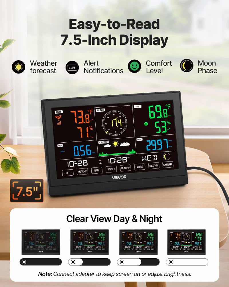 VEVOR 5-in-1 Wi-Fi Weather Station, 7.5-Inch VA Display, Wireless Solar Powered Outdoor Sensor, Rain Gauge, Indoor Outdoor for Weather Forecast, Wind Speed Direction, Temperature, Humidity, Rainfall - Image 4