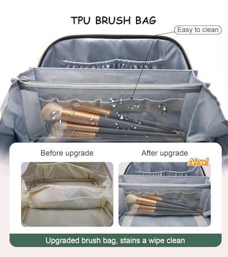 BOYATU Travel Makeup Bags Organizer for Women: 3 Pcs Set Cosmetic Bag - Large Make up Bag with Compartments - Flat Open Waterproof Leather Toiletry Bags for Skincare, Brushes & Travel Essentials - Green - Image 4