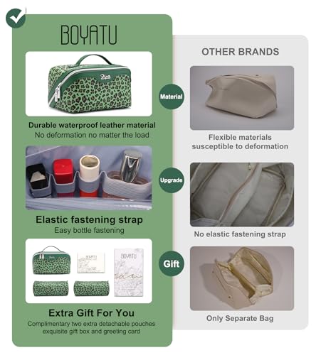 BOYATU Travel Makeup Bags Organizer for Women: 3 Pcs Set Cosmetic Bag - Large Make up Bag with Compartments - Flat Open Waterproof Leather Toiletry Bags for Skincare, Brushes & Travel Essentials - Green - Image 3