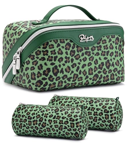 BOYATU Travel Makeup Bags Organizer for Women: 3 Pcs Set Cosmetic Bag - Large Make up Bag with Compartments - Flat Open Waterproof Leather Toiletry Bags for Skincare, Brushes & Travel Essentials - Green - Image 1