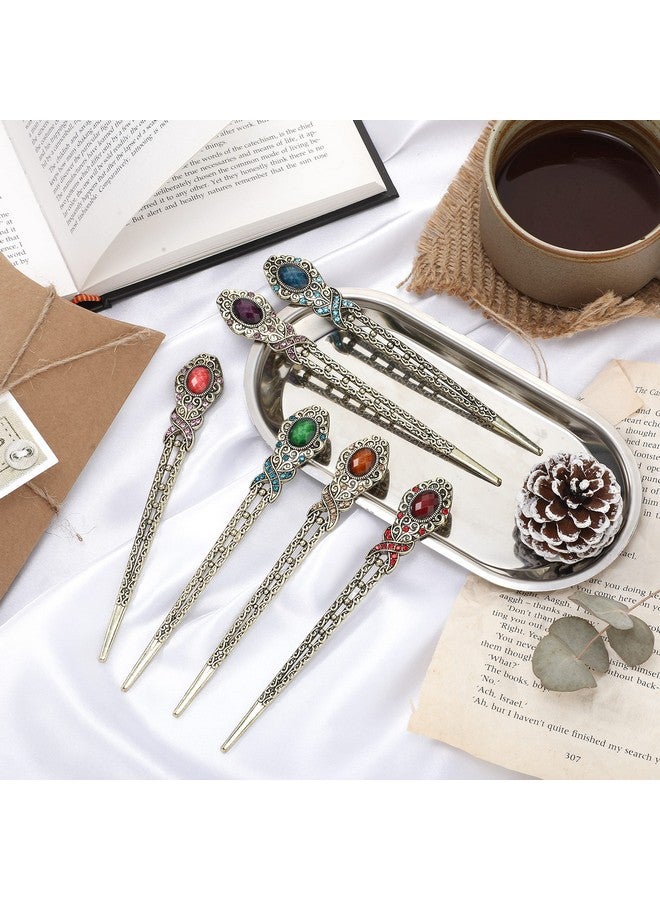 Yilloog Yilloog 6 Pieces Vintage Rhinestone Hair Sticks Hair Chinese Chopsticks Retro Chignon Pins Stylish Bun Hair Sticks Traditional Hair Accessories for Women Hair Styling Decorations, 6 Colors - Image 5
