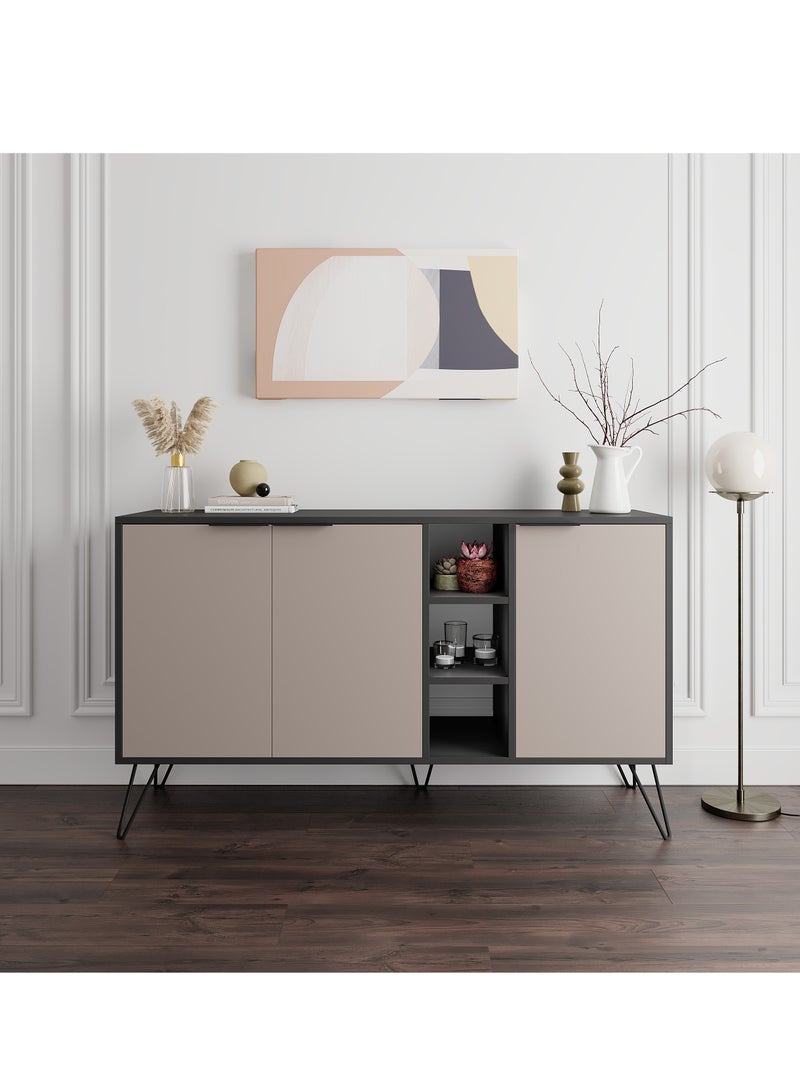 موراه خزانة جانبية عصرية بثلاثة أبواب من موراه هوم كلارا كونسول - تخزين مفتوح - خزانة تخزين لغرفة المعيشة، الصالة، غرفة الطعام، المطبخ - 35.6×83×142 سم (رمادي غامق/موكا فاتح) - Image 1