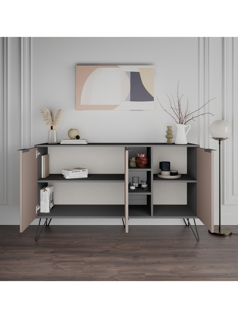 موراه خزانة جانبية عصرية بثلاثة أبواب من موراه هوم كلارا كونسول - تخزين مفتوح - خزانة تخزين لغرفة المعيشة، الصالة، غرفة الطعام، المطبخ - 35.6×83×142 سم (رمادي غامق/موكا فاتح) - Image 3