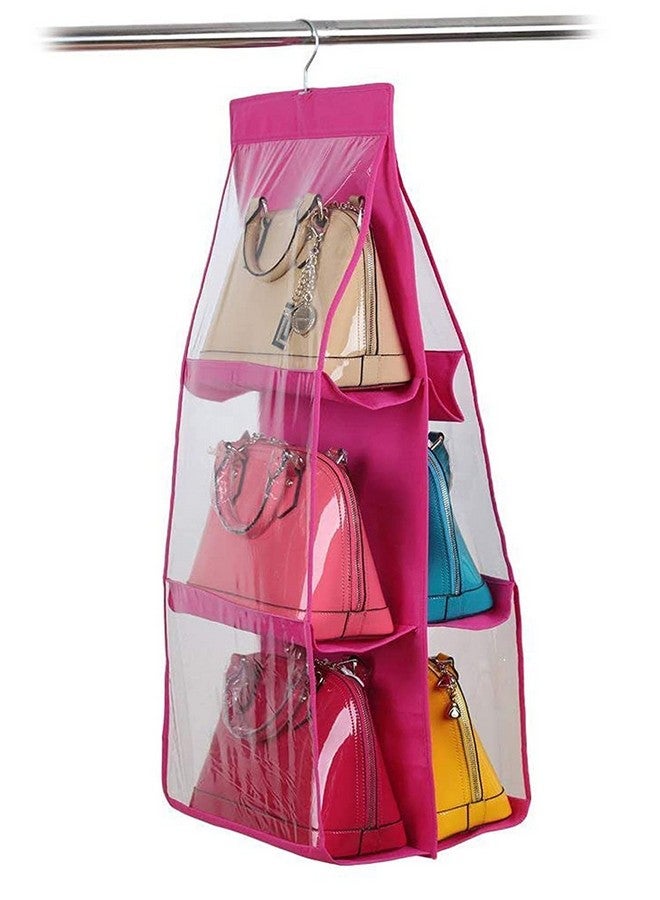 Kuber Industries Handbag Organizer 6 Pockets For Ladies|Non woven Foldable Bag Organizer For Wardrobe|Transparent With Hanger|Pack of 2 (Pink) - Image 2