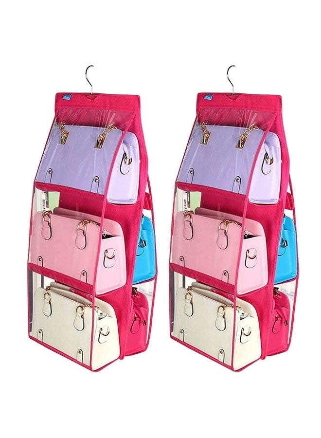 Kuber Industries Handbag Organizer 6 Pockets For Ladies|Non woven Foldable Bag Organizer For Wardrobe|Transparent With Hanger|Pack of 2 (Pink) - Image 1