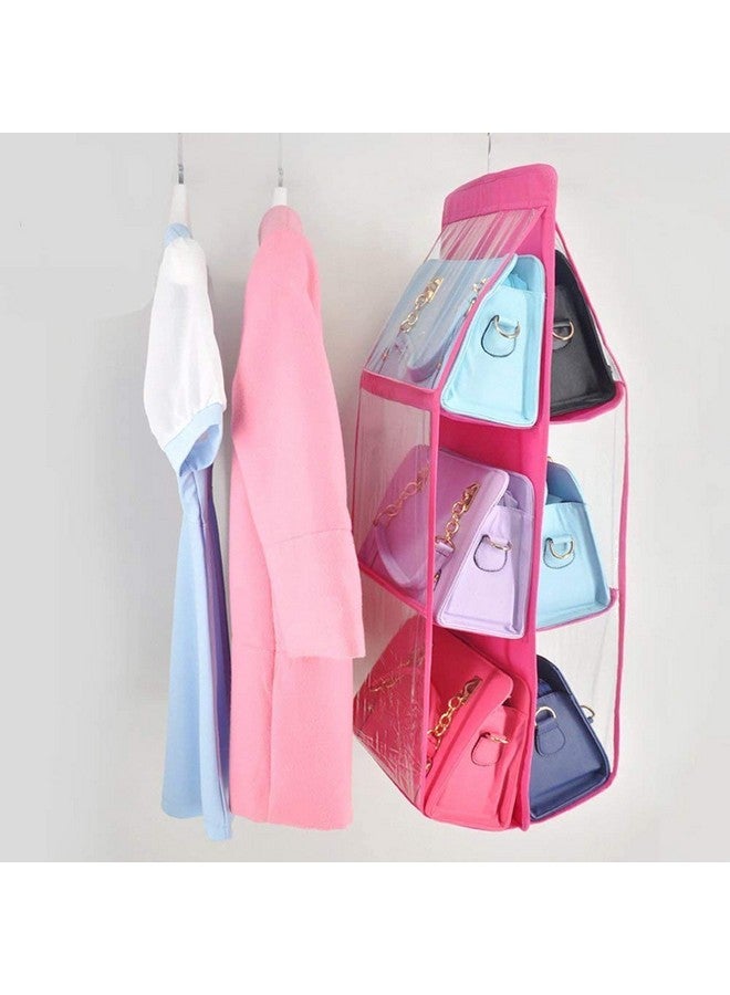 Kuber Industries Handbag Organizer 6 Pockets For Ladies|Non woven Foldable Bag Organizer For Wardrobe|Transparent With Hanger|Pack of 2 (Pink) - Image 4