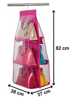Kuber Industries Kuber Industries Handbag Organizer 6 Pockets For Ladies|Non woven Foldable Bag Organizer For Wardrobe|Transparent With Hanger|Pack of 2 (Pink)  - Image 5