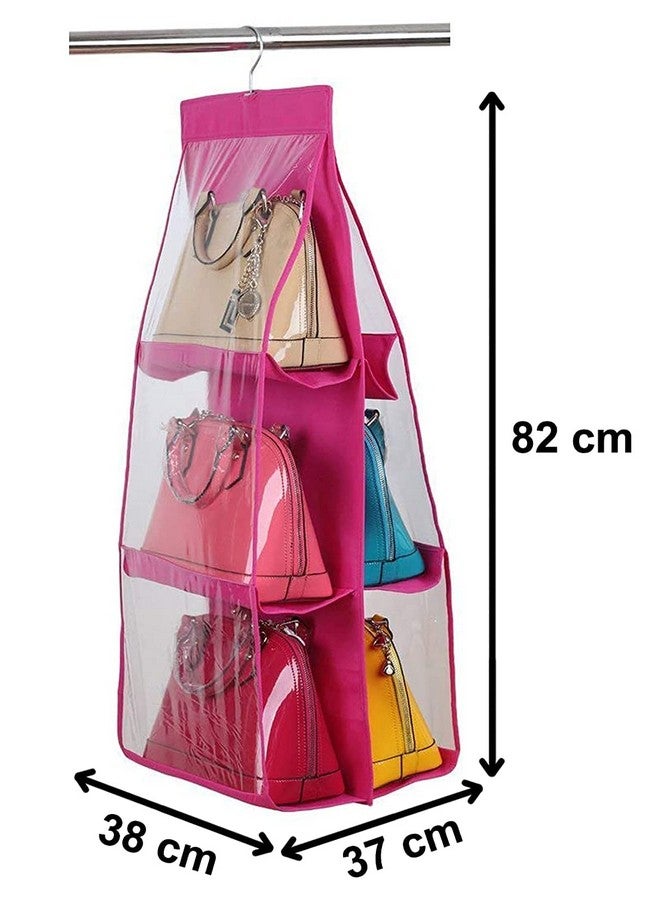 Kuber Industries Handbag Organizer 6 Pockets For Ladies|Non woven Foldable Bag Organizer For Wardrobe|Transparent With Hanger|Pack of 2 (Pink) - Image 5