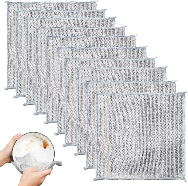 10 Pack Multifunctional Non-Scratch Wire Dishcloth - Double Layer Silver Wire Mesh Knit Cleaning Cloth Wire Dishwashing Rags Wire Cleaning Cloth Wire Dish Towels for Kitchen, Sinks, Pots, Pans