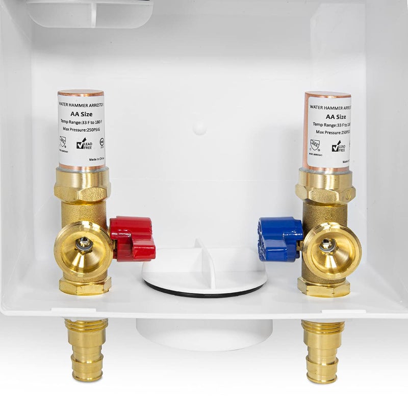 EFIELD Washing Machine Outlet Box, 1/2" Pex-A F1960 Expansion Connection x 3/4" MHT Connection, with Copper Water Hammer Arrestor, Center Drain with Brass 1/4 Turn Valves Installed,(WM013) - Image 1
