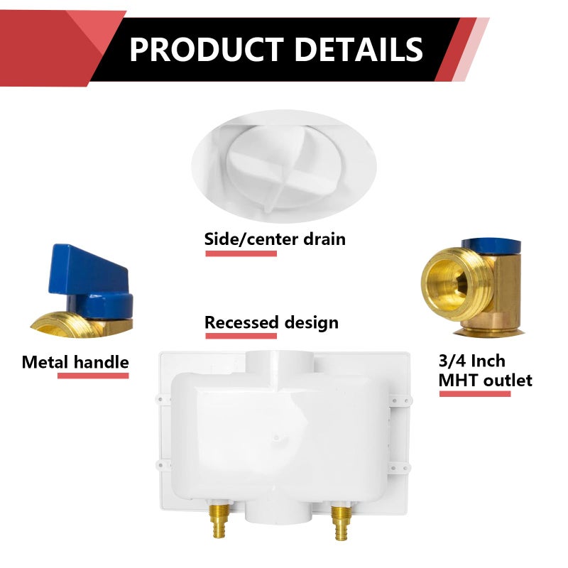 EFIELD Washing Machine Outlet Box, 1/2" Pex-A F1960 Expansion Connection x 3/4" MHT Connection, with Copper Water Hammer Arrestor, Center Drain with Brass 1/4 Turn Valves Installed,(WM013) - Image 3