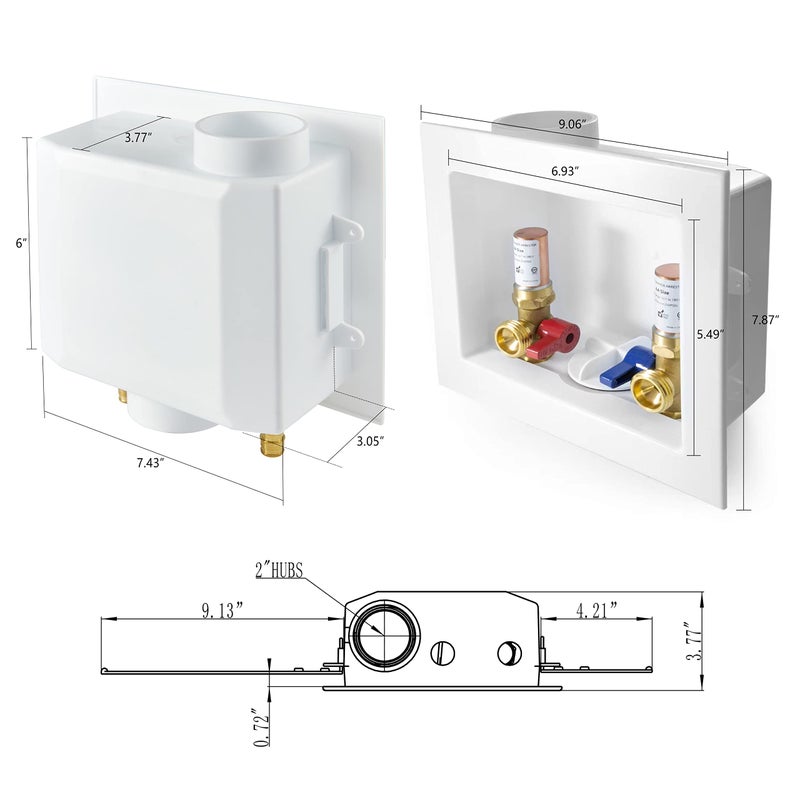 EFIELD Washing Machine Outlet Box, 1/2" Pex-A F1960 Expansion Connection x 3/4" MHT Connection, with Copper Water Hammer Arrestor, Center Drain with Brass 1/4 Turn Valves Installed,(WM013) - Image 2