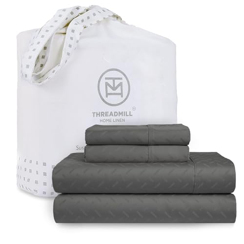 Threadmill Cotton Twin Sheet Set | 100% Cotton Sheets for Twin Size Bed | Damask Jacquard Sateen Twin Bed Sheets Set with 16” Deep Pocket | Soft Breathable 3-Piece Cooling Sheet Set | Dark Grey - Image 1