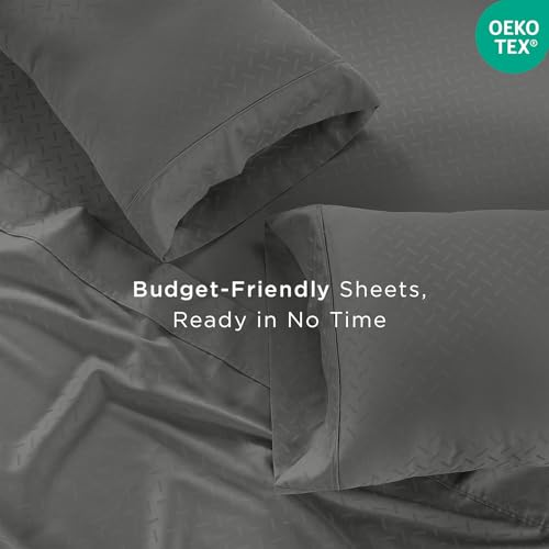 Threadmill Cotton Twin Sheet Set | 100% Cotton Sheets for Twin Size Bed | Damask Jacquard Sateen Twin Bed Sheets Set with 16” Deep Pocket | Soft Breathable 3-Piece Cooling Sheet Set | Dark Grey - Image 4