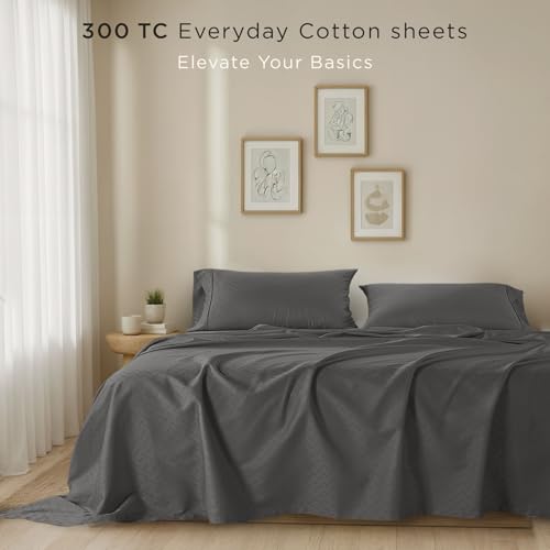 Threadmill Cotton Twin Sheet Set | 100% Cotton Sheets for Twin Size Bed | Damask Jacquard Sateen Twin Bed Sheets Set with 16” Deep Pocket | Soft Breathable 3-Piece Cooling Sheet Set | Dark Grey - Image 2