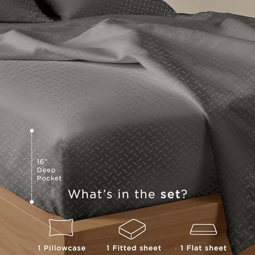 Threadmill Cotton Twin Sheet Set | 100% Cotton Sheets for Twin Size Bed | Damask Jacquard Sateen Twin Bed Sheets Set with 16” Deep Pocket | Soft Breathable 3-Piece Cooling Sheet Set | Dark Grey - Image 3