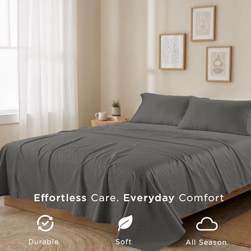 Threadmill Cotton Twin Sheet Set | 100% Cotton Sheets for Twin Size Bed | Damask Jacquard Sateen Twin Bed Sheets Set with 16” Deep Pocket | Soft Breathable 3-Piece Cooling Sheet Set | Dark Grey - Image 5