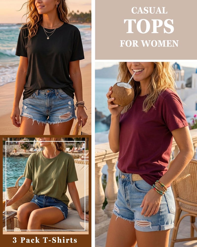 YITAN 3 Pack Womens Basic T Shirts 2026 Fashion Summer Spring Tops Short Sleeve Tees Comfy Casual Vacation Clothes ArmyGreen WineRed Black Large - Image 2