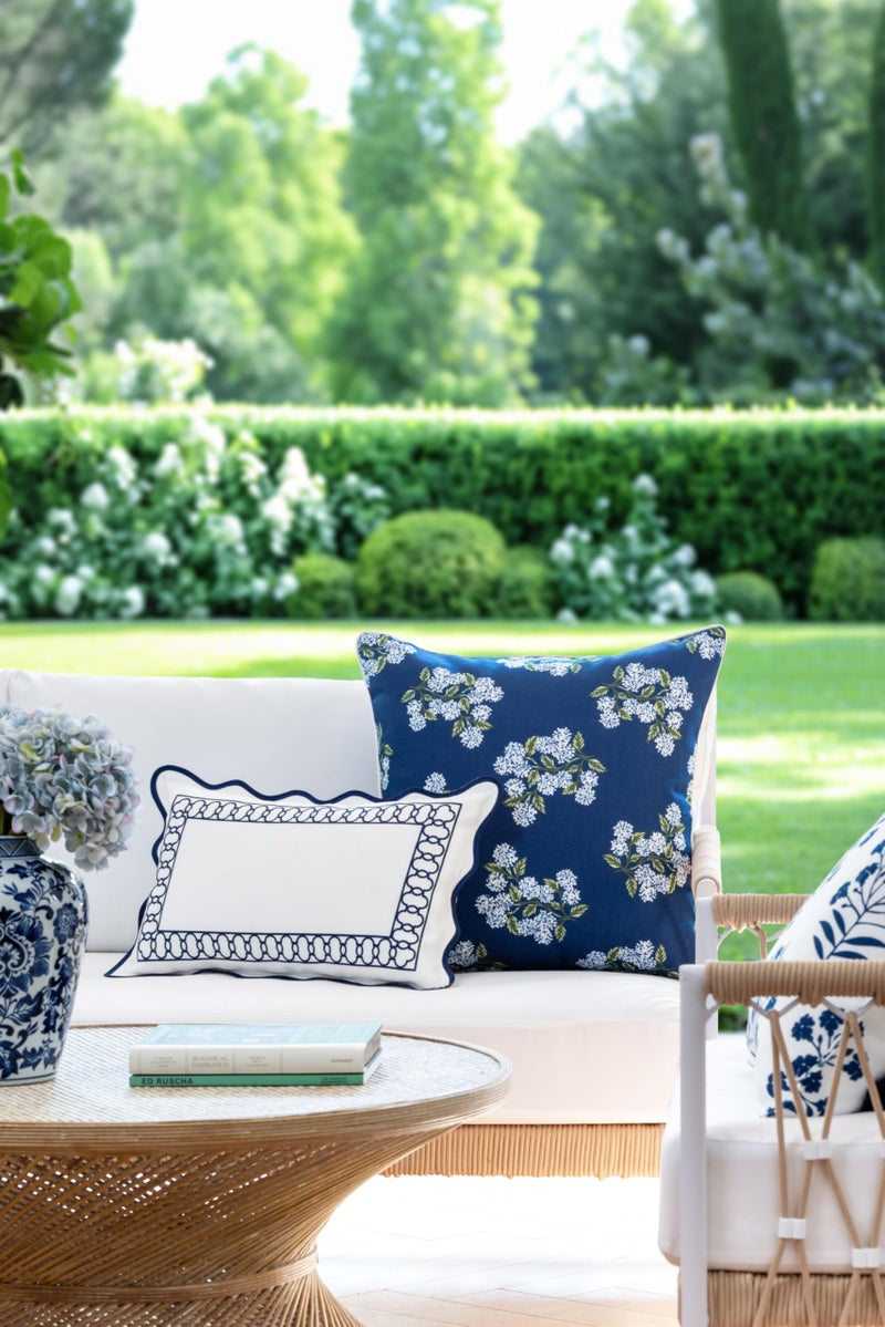 Hofdeco Premium Coastal Patio Indoor Outdoor Throw Pillow Cover Only, 20"x20" Water Repellent for Backyard, Couch, Navy Blue Print Hydrangea Flower - Image 2