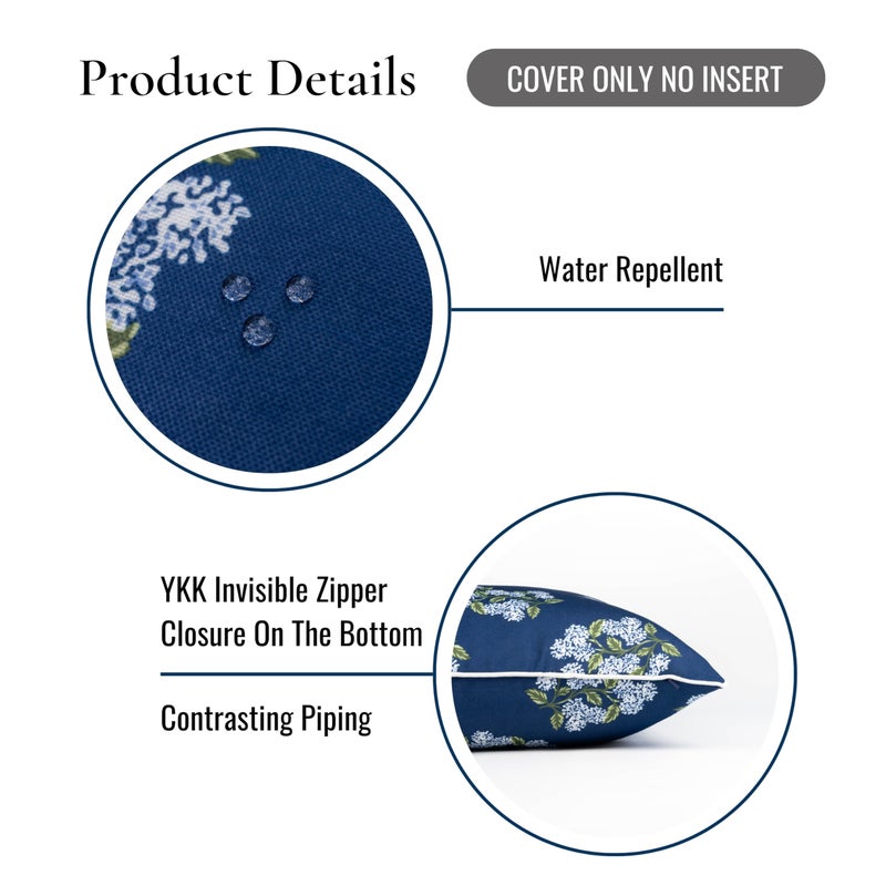 Hofdeco Premium Coastal Patio Indoor Outdoor Throw Pillow Cover Only, 20"x20" Water Repellent for Backyard, Couch, Navy Blue Print Hydrangea Flower - Image 5