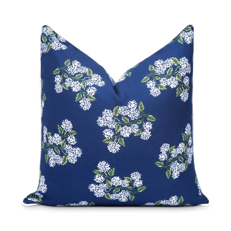Hofdeco Premium Coastal Patio Indoor Outdoor Throw Pillow Cover Only, 20"x20" Water Repellent for Backyard, Couch, Navy Blue Print Hydrangea Flower - Image 1