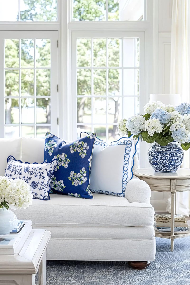 Hofdeco Premium Coastal Patio Indoor Outdoor Throw Pillow Cover Only, 20"x20" Water Repellent for Backyard, Couch, Navy Blue Print Hydrangea Flower - Image 3