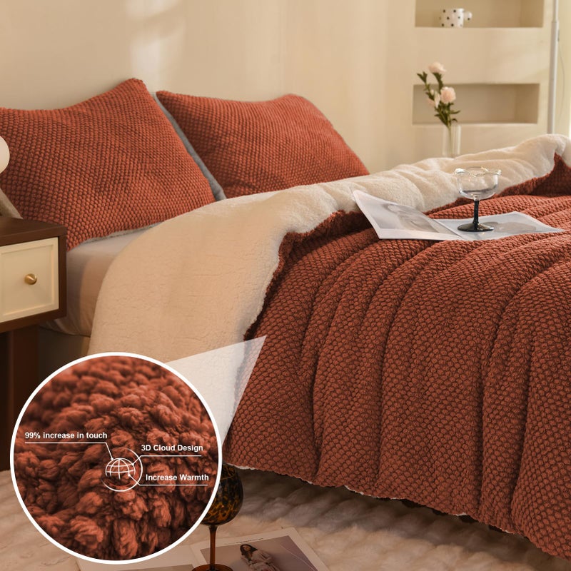 LLanCL 3D Jacquard Design Comforter Set, Ultra-Soft Warm Queen Size Sherpa Fur Plush 3-Pieces Sets Luxury Cozy Bedding with 2 Pillowcases (90"x90", Burnt Orange) - Image 2