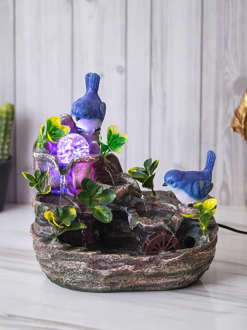CHRONIKLE Polyresin Blue Birds Tabletop 3 Steps Indoor Water Fountain for Home Decor with Multicolor LED Speed Controller Pump Crystal Ball Size 295 x 18 x 31 CM Color MultiWeight 1870 Gram