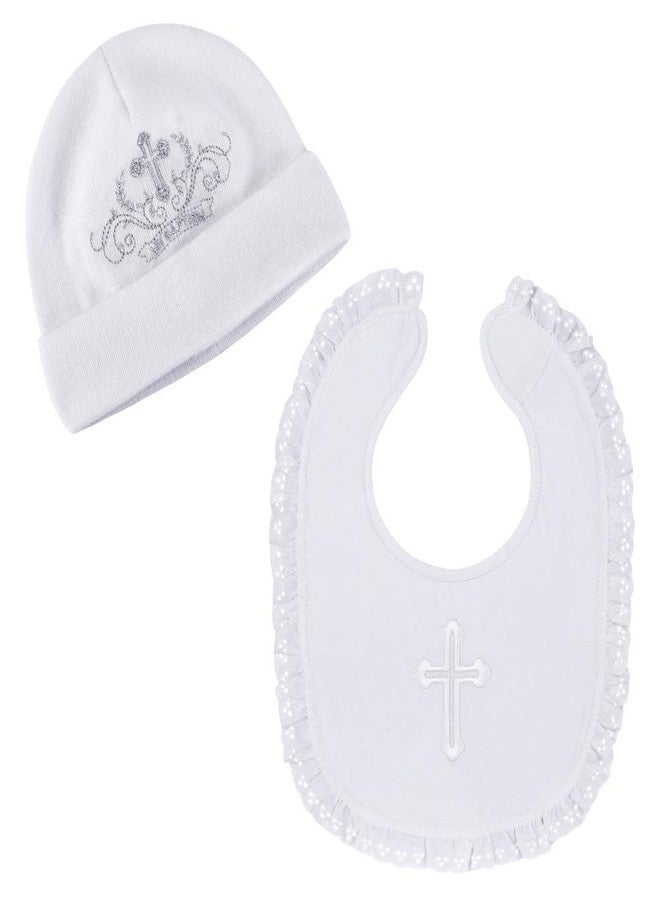 ESTAMICO Baby Girls Christening Bib and Hat with Embroidered Cross Newborn Infant Baptism Outfit Gifts, 0-3 Months
