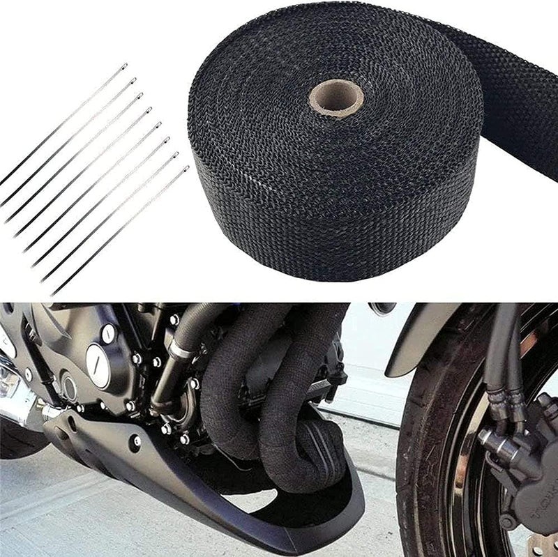 Foneso Black Exhaust Heat Wrap, Foneso 2'' x 16.5' Exhaust Header Wrap Tape Fiberglass Heat Shield Tape with 10pcs Stainless Steel Ties for Motorcycle Car Truck - Image 3