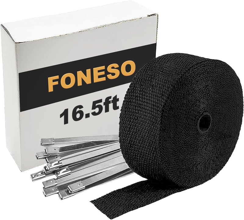 Foneso Black Exhaust Heat Wrap, Foneso 2'' x 16.5' Exhaust Header Wrap Tape Fiberglass Heat Shield Tape with 10pcs Stainless Steel Ties for Motorcycle Car Truck - Image 1