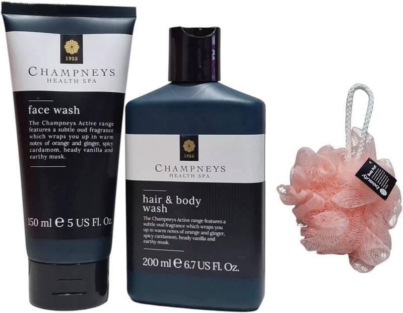 Chmpneys mens Face Wash 150mL And Hair And Body Wash 200mL Duo Set 1 Of Each With Free Beauty Body PuffAny Colour