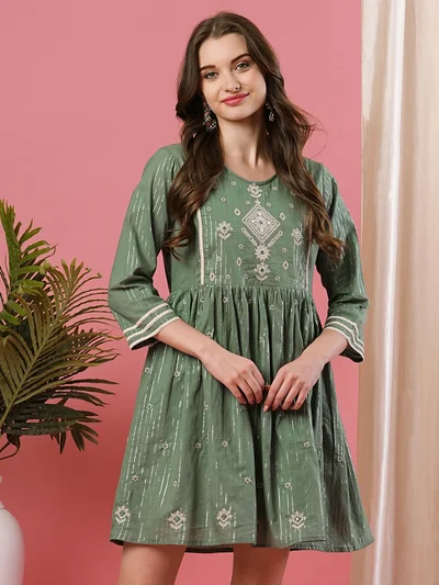 globus Women Floral Embroidered Round Neck Gathered Cotton A-Line Ethnic Dress