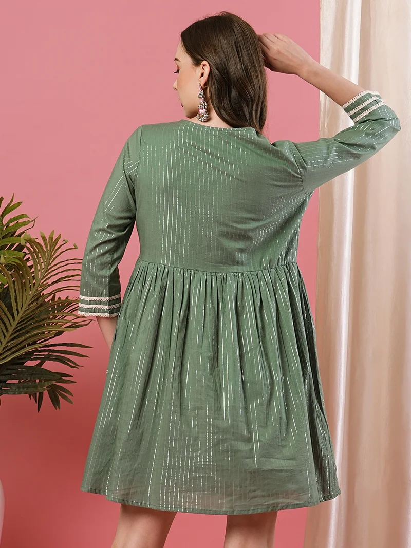 globus Women Floral Embroidered Round Neck Gathered Cotton A-Line Ethnic Dress