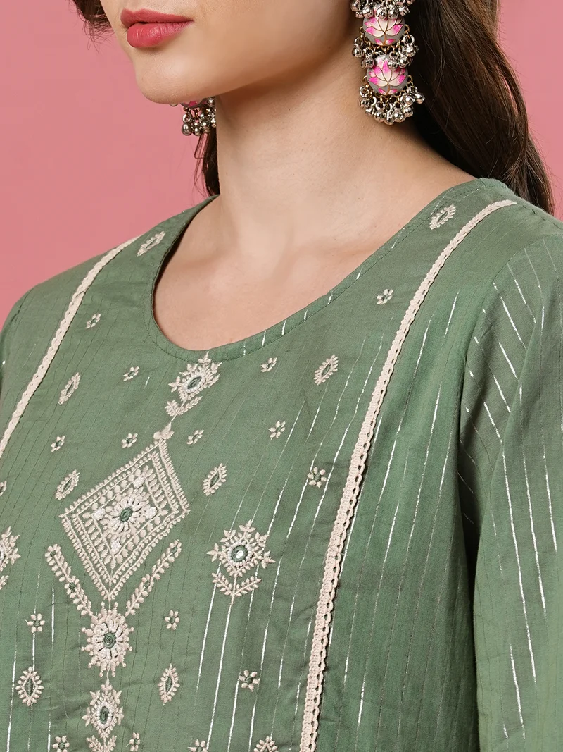 globus Women Floral Embroidered Round Neck Gathered Cotton A-Line Ethnic Dress
