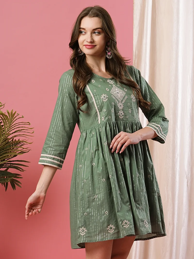 globus Globus Women Floral Embroidered Round Neck Gathered Cotton A-Line Ethnic Dress