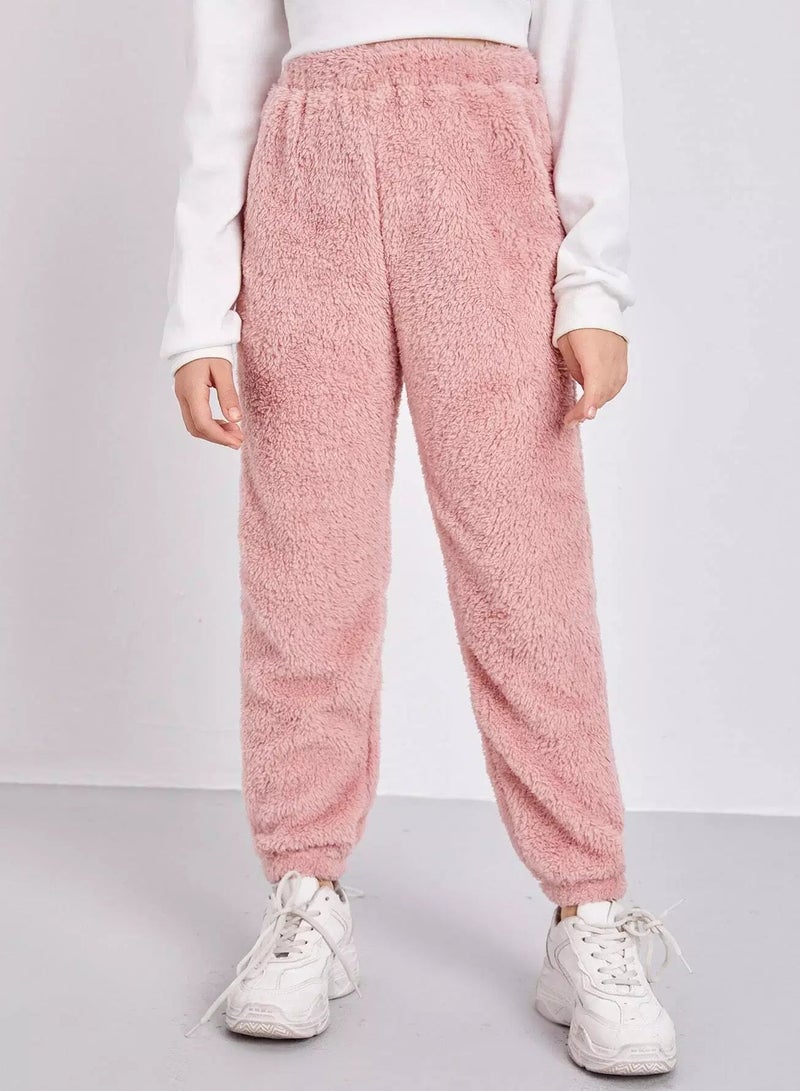 Girls Elastic Waist Solid Teddy Pants  - Image 1