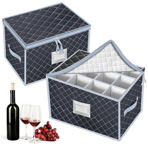 VERONLY Wine Glass Storage Box with Dividers Holds 24 Stemware Storage Cases or China Crystal Glassware Containers with Handles and Lable Window 155 x 125x10Set of 2 Grey