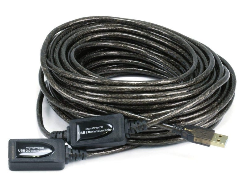 Monoprice USB 2.0 Extension Cable - USB Type-A Male to USB Type-A Female, Active, Repeater, 26/22AWG, 65 Feet, Black - Image 1