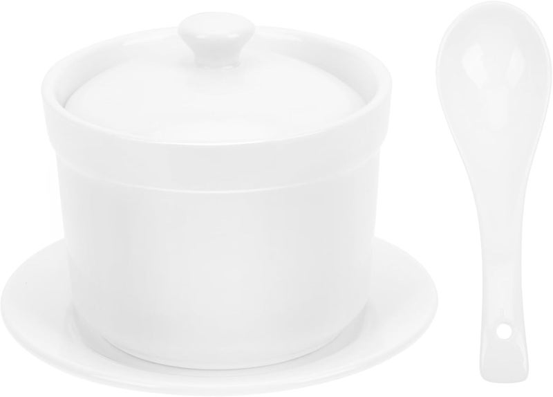 Luxshiny طقم وعاء طهي خزفي أبيض لامع مع غطاء 492 بوصة وعاء حساء مع ملعقة وصحن وعاء بخار صغير من البورسلين لوعاء نودلز الرامن للاستخدام المنزلي والمطاعم وآمن للاستخدام في الميكروويف وغسالة الصحون - Image 1