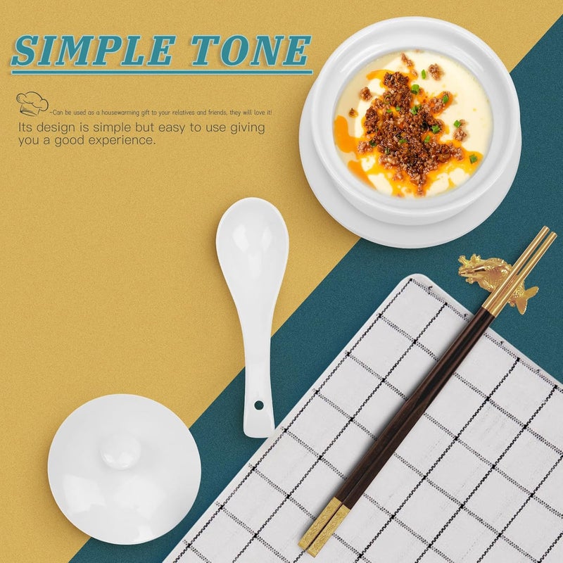 Luxshiny طقم وعاء طهي خزفي أبيض لامع مع غطاء 492 بوصة وعاء حساء مع ملعقة وصحن وعاء بخار صغير من البورسلين لوعاء نودلز الرامن للاستخدام المنزلي والمطاعم وآمن للاستخدام في الميكروويف وغسالة الصحون - Image 4
