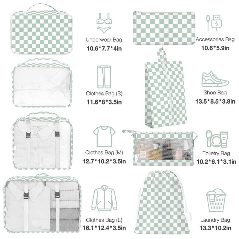 Hatisan 8 Set Packing Cubes for Suitcases,Suitcase Organizer with Shoe,Cosmetics,Clothing, and Accessories Bags for Travel Luggage Organizer Women Men(Green Checkered) - Image 2