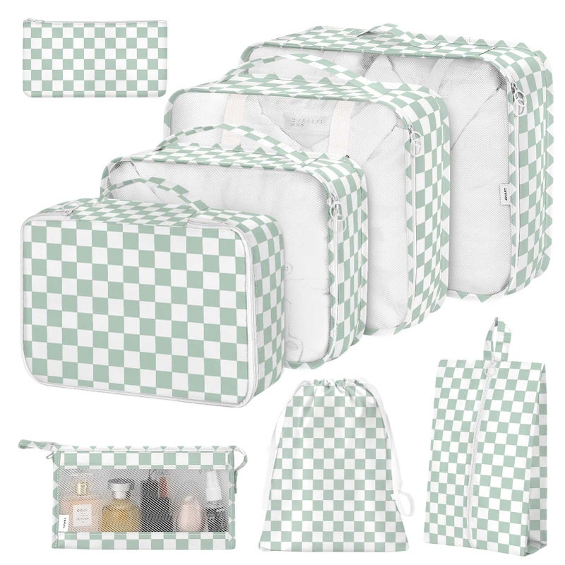 Hatisan 8 Set Packing Cubes for Suitcases,Suitcase Organizer with Shoe,Cosmetics,Clothing, and Accessories Bags for Travel Luggage Organizer Women Men(Green Checkered) - Image 1