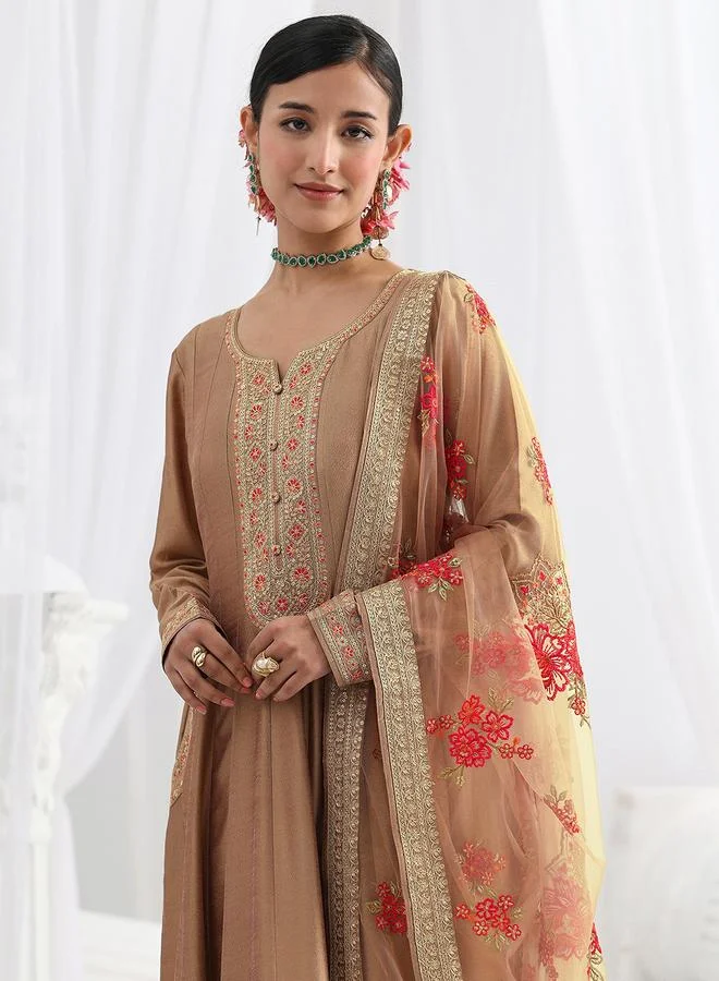 Libas Brown Embroidered Silk Blend A-Line Kurta With Trousers And Dupatta Set