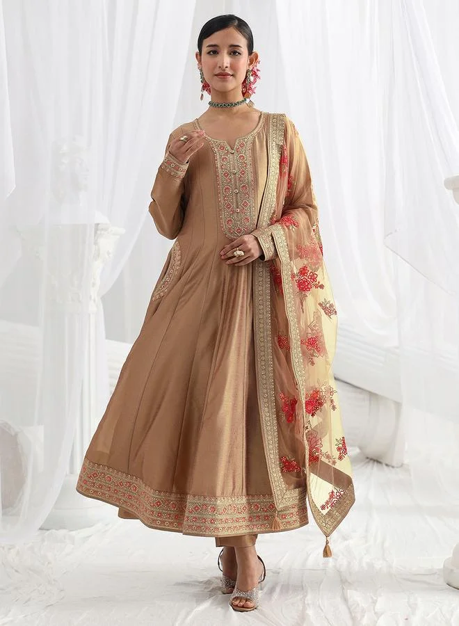 Libas Brown Embroidered Silk Blend A-Line Kurta With Trousers And Dupatta Set
